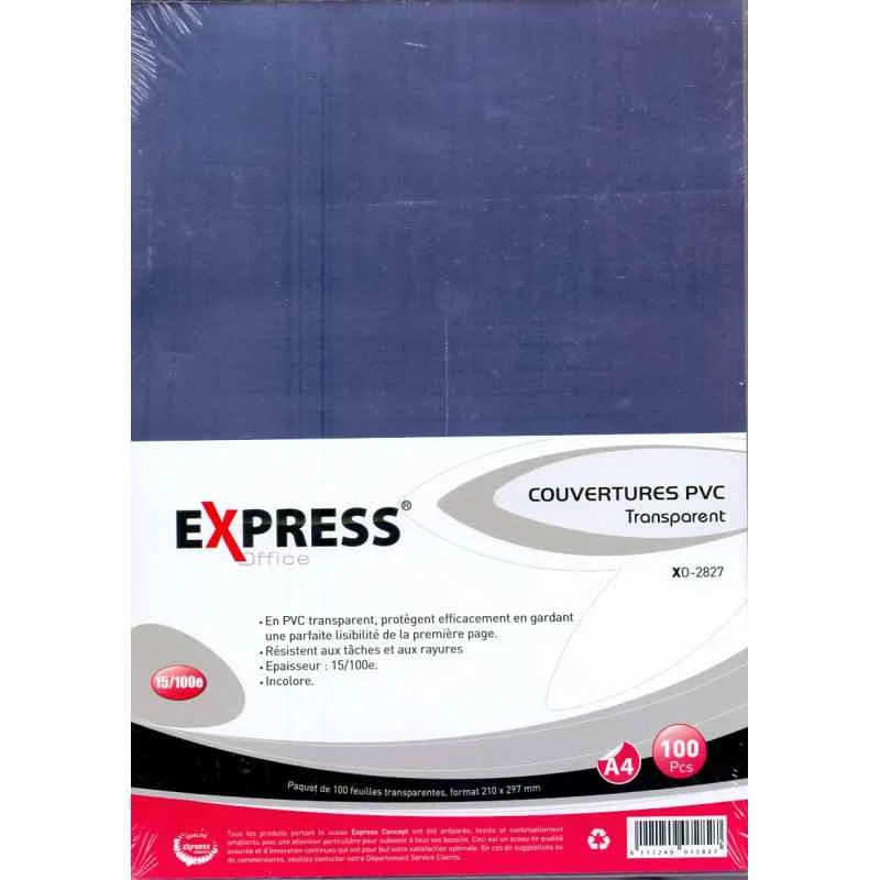 Paquet de 100 couvertures EXPRESS A4 en PVC transparentes